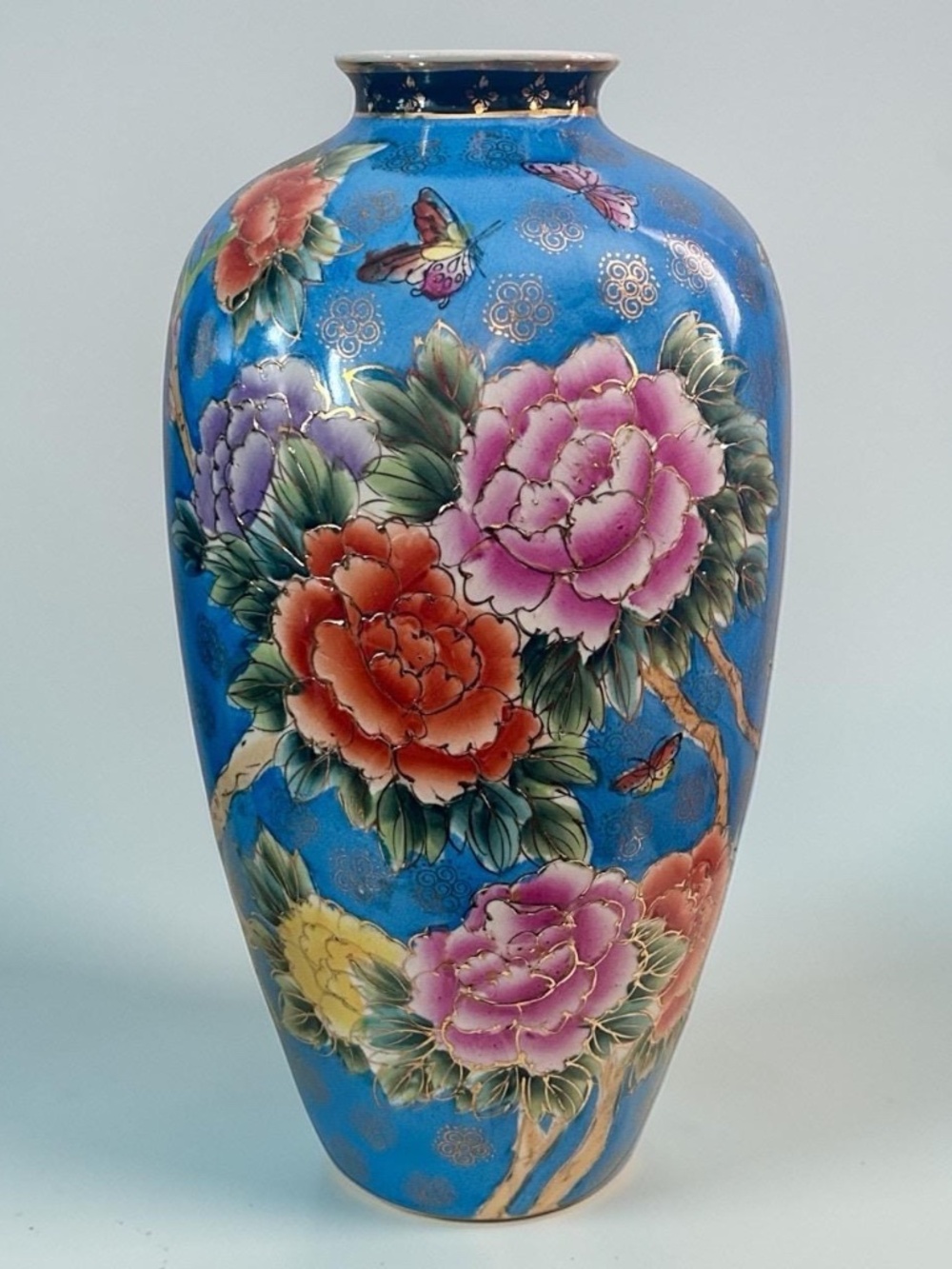 Vintage Chinese Ceramic Vase – Large Blue Peony Vase with Butterflies and Gold